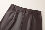Women's High Waist Faux Leather Wide Leg Fleece Pants