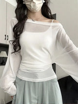 Sheer Oversized Off-Shoulder Long Sleeve Tee | Back Ribbon Detail
