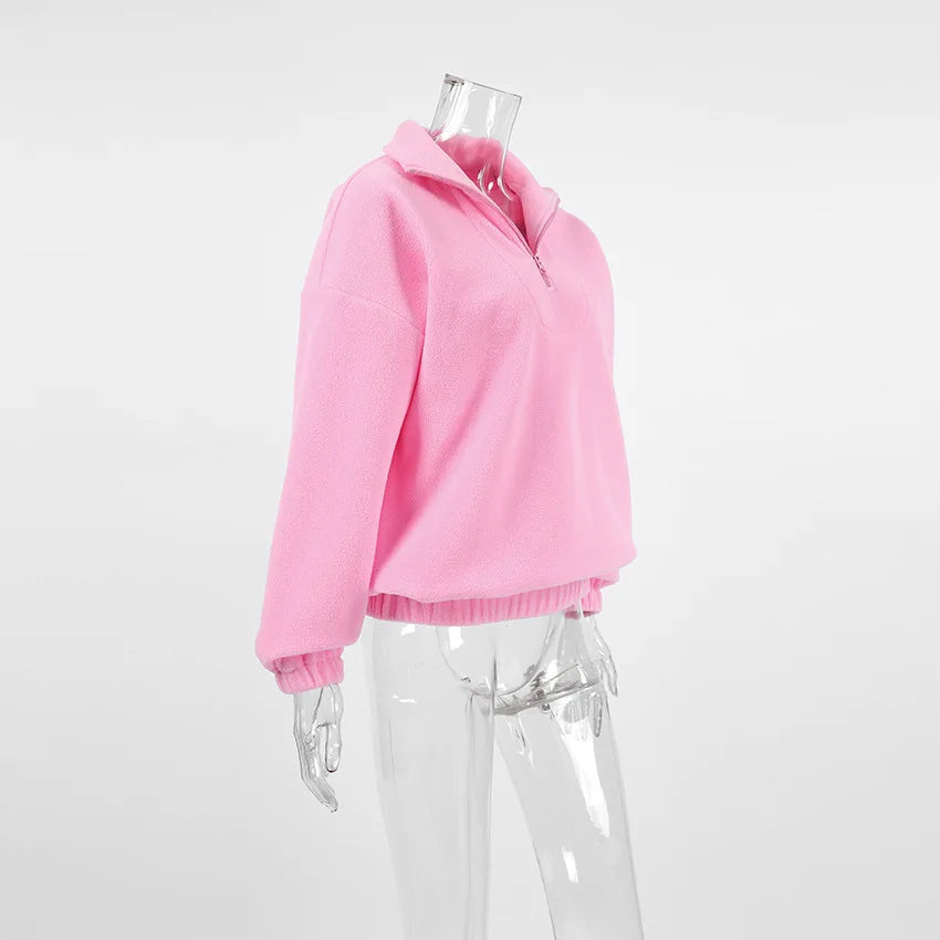Women Autumn Winter Fleece Hoodies Elegant Stand Collar Zipper Loose Sweatshirt Elegant Solid Pullover Casual Top Streetwear