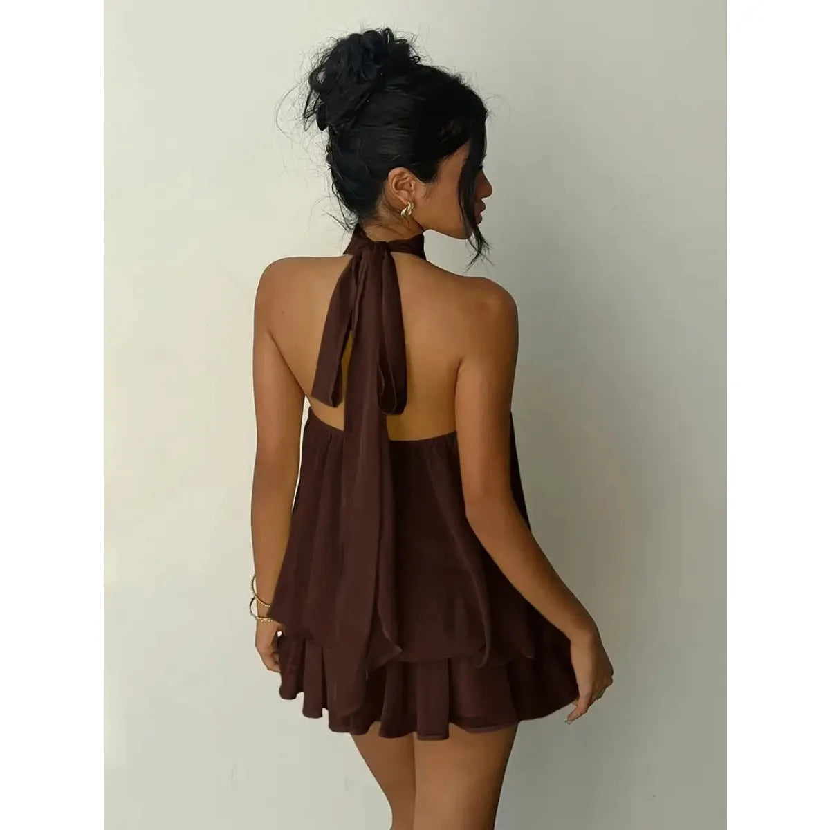Women's Halter Neck Backless Tie-Front Mini Dress