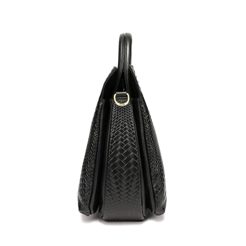 Fashionable and luxurious woven pattern casual versatile black woven pattern daily commuting cowhide women's handbag