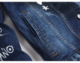 Men Graffiti Denim Jacket Casual Letters Printed Stretch Blue Jean Coat Slim Fit Lapel Collar Long Sleeve Outerwear