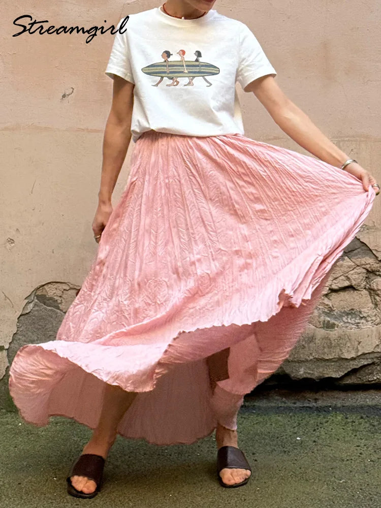 Women's Pleated Maxi Skirt – Elegant A-Line Beach Style