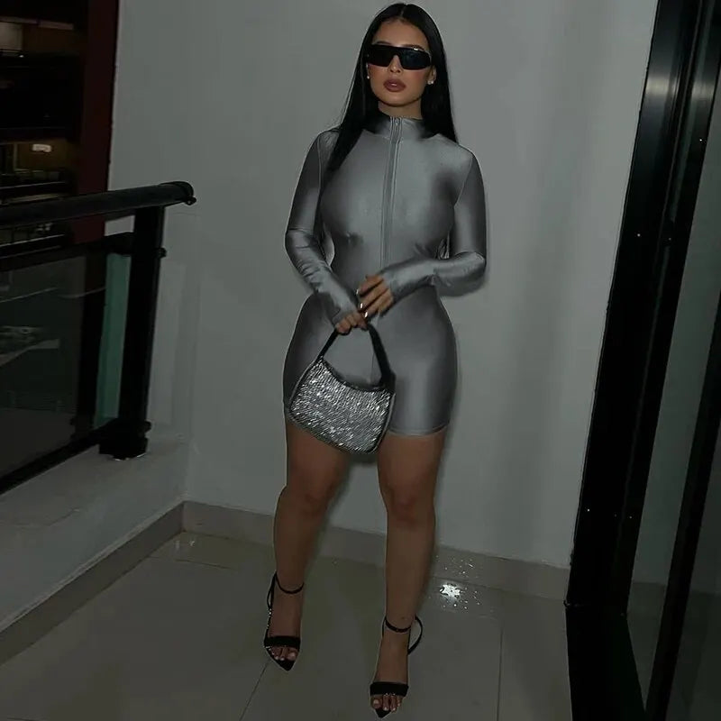 Long Sleeve Zip-Up Bodycon Romper