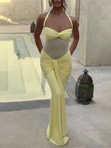Women’s Halter Backless Maxi Dress – Off-Shoulder Ruched Bodycon Club Party Gown