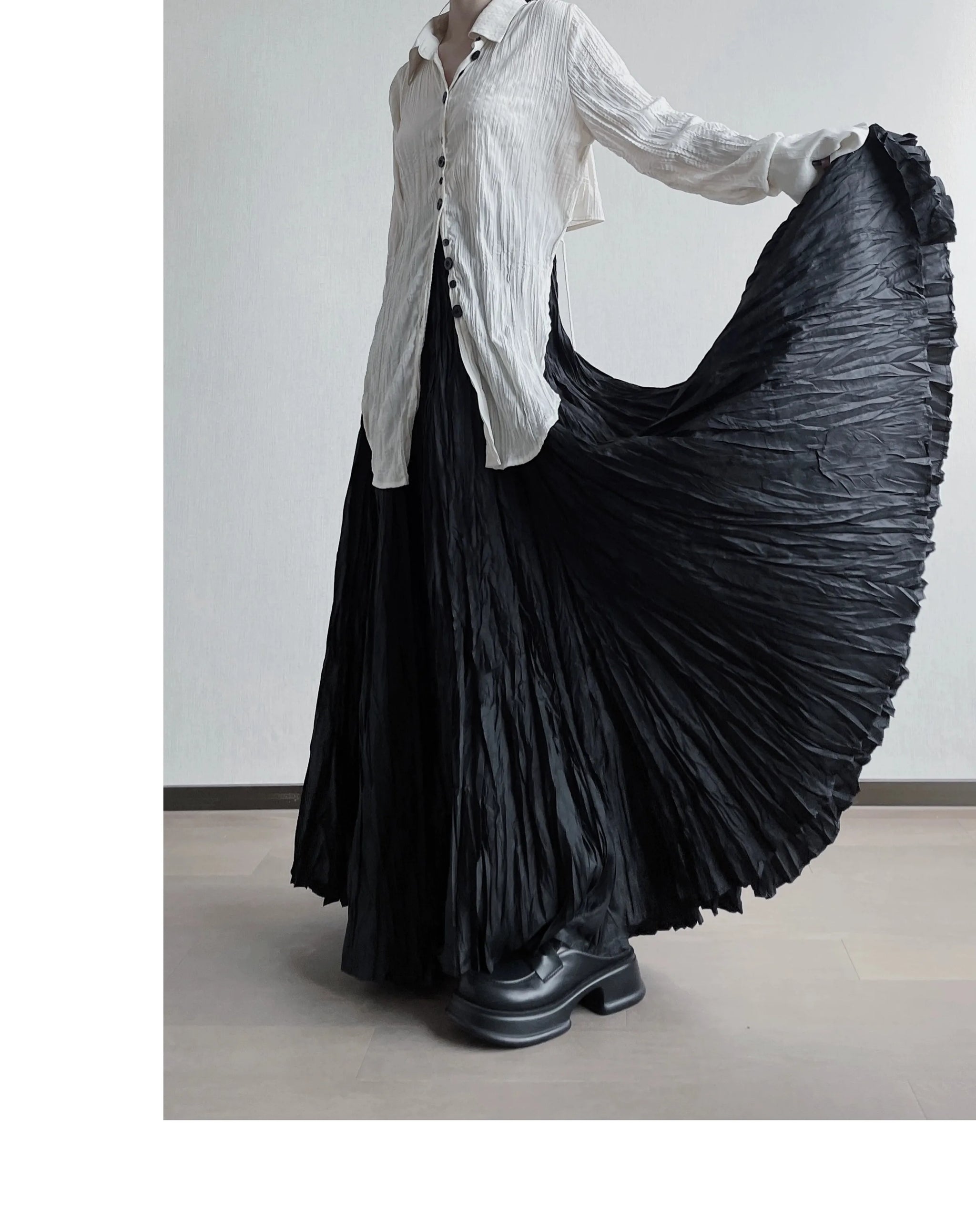 UMI MAO Irregular Fold Maxi Skirt – Elegant A-Line