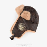 Vintage PU Leather Aviator Bomber Hat Russian Style Thermal Faux Fur Trooper Caps Outdoor Winter Skiing Windproof Helmet Bonnet