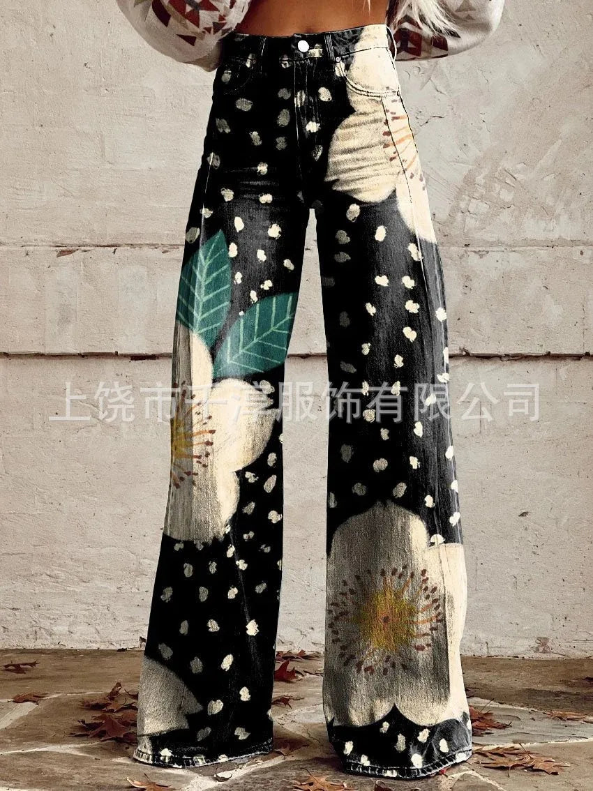 Women's 3D Print Wide-Leg "Jeans" – Trendy Low-Waist Flare Pants