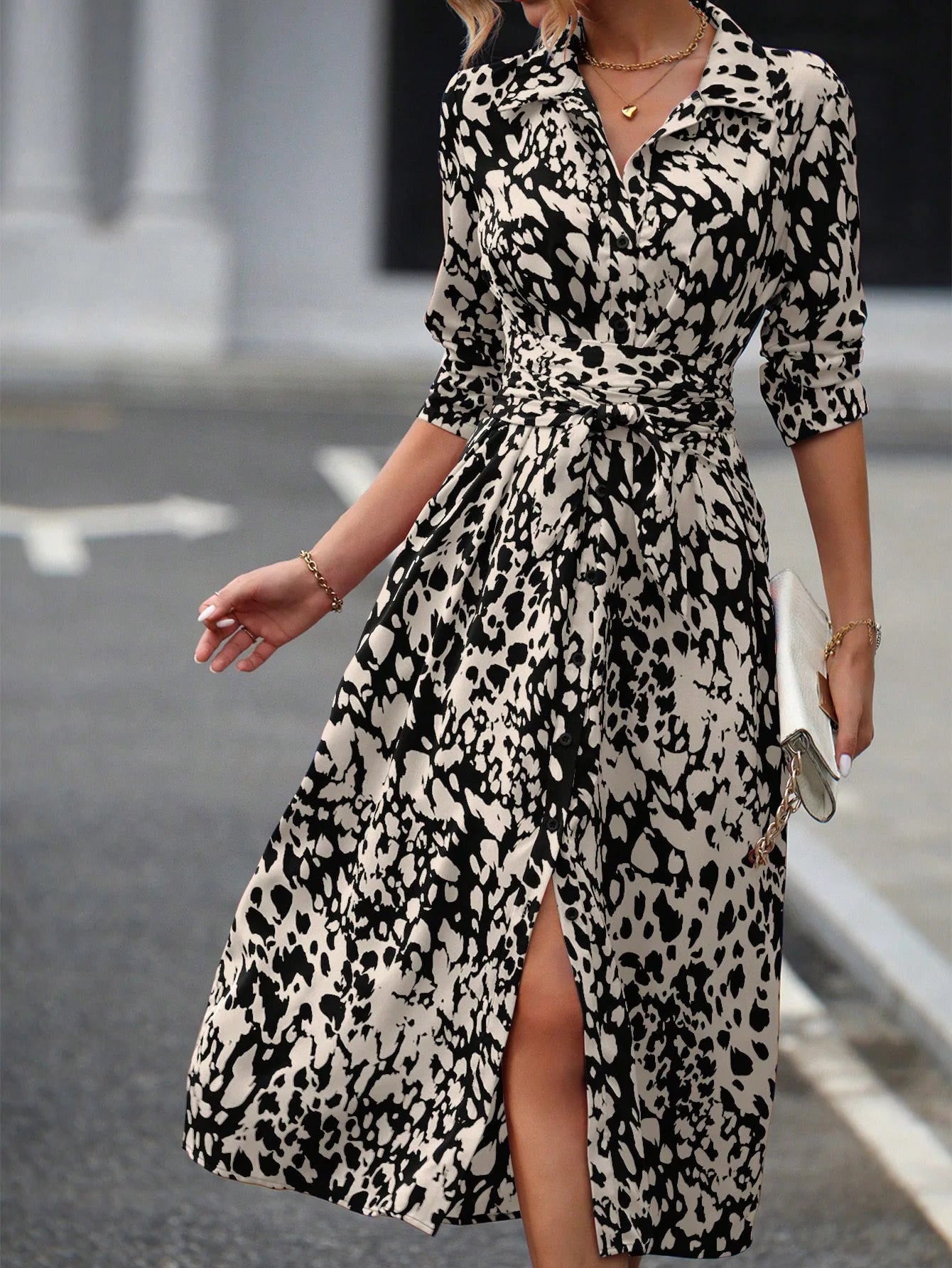 Elegant Print Belted Midi Dress