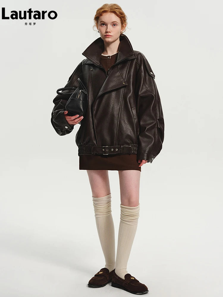 Lautaro Spring Autumn Cool Brown Oversized Pu Leather Jacket Women Long Sleeve Zip Up Luxury Designer American Retro Clothing