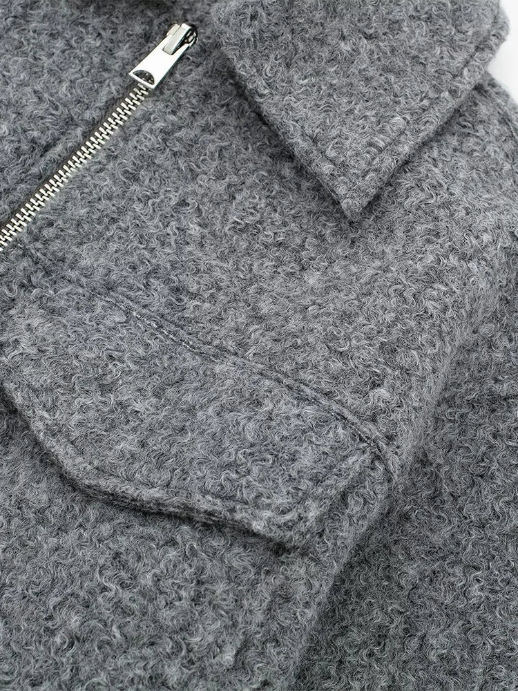 Willshela Women Fashion With Pockets Grey Front Zipper Jackets Vintage Lapel Neck Long Sleeves Female Chic Lady Outfits