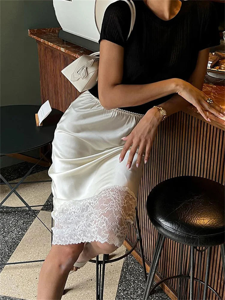 Elegant High-Waist Lace Midi Skirt