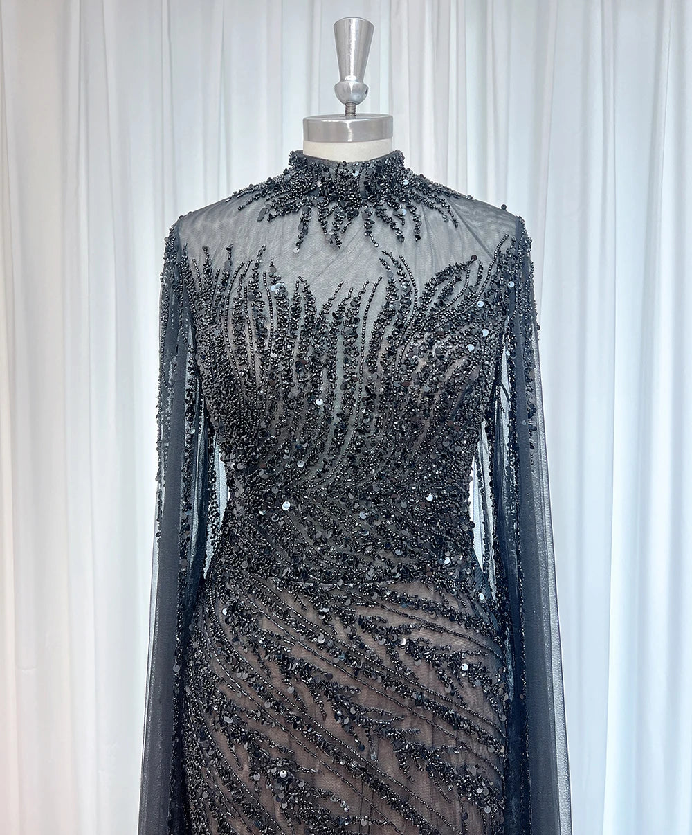 Luxury Beaded Mermaid Evening Gown | Cape Sleeve