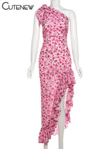 Floral One-Shoulder Ruffle Midi Dress