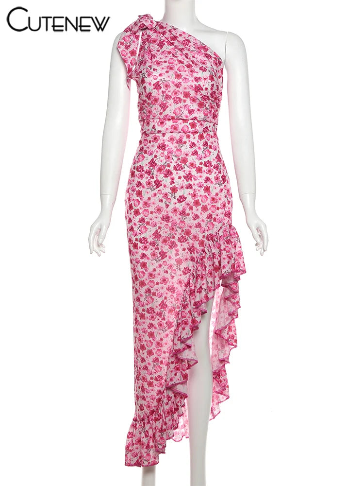 Floral One-Shoulder Ruffle Midi Dress