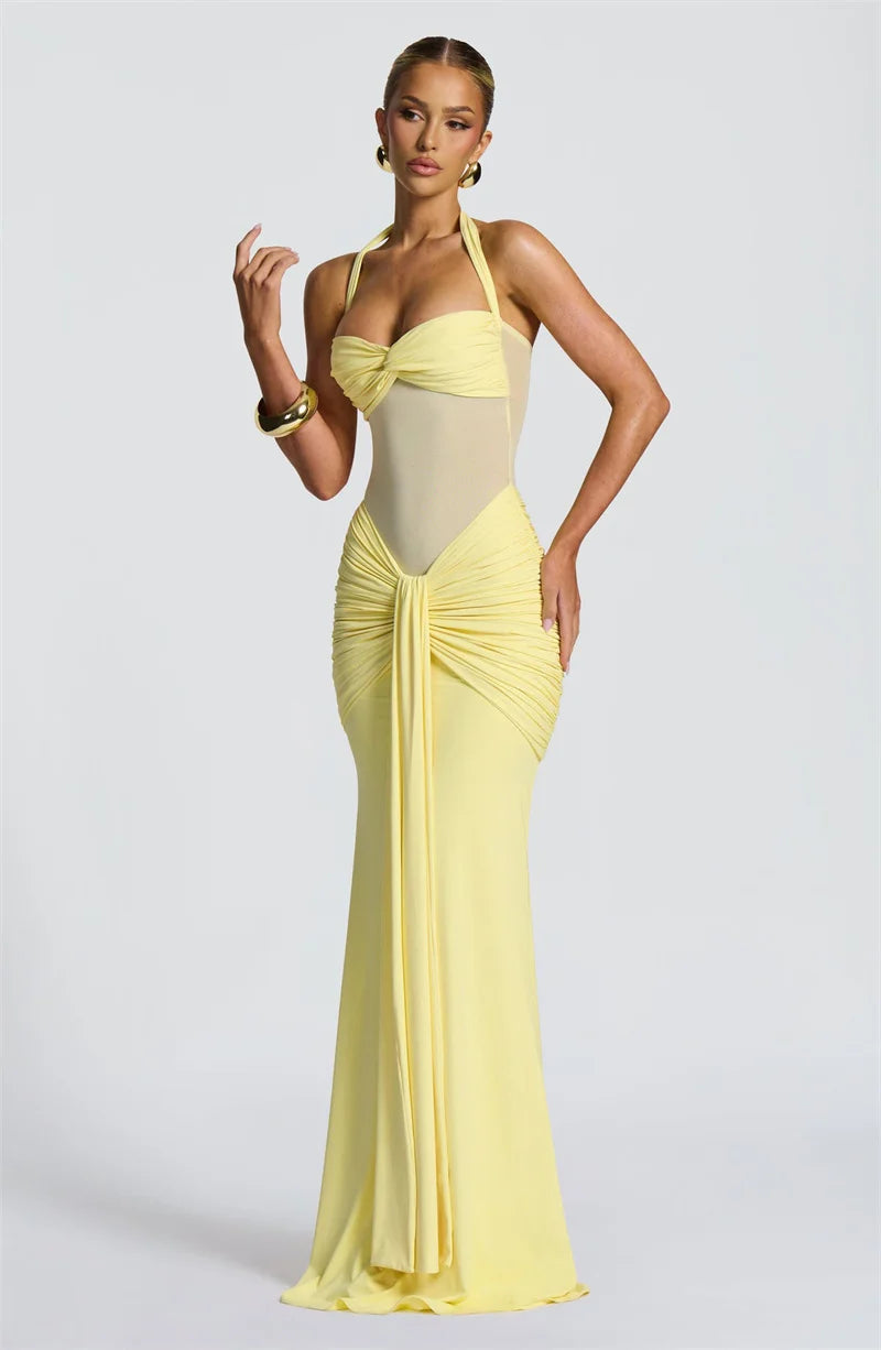 Women’s Halter Backless Maxi Dress – Off-Shoulder Ruched Bodycon Club Party Gown