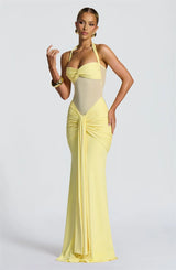 Women’s Halter Backless Maxi Dress – Off-Shoulder Ruched Bodycon Club Party Gown