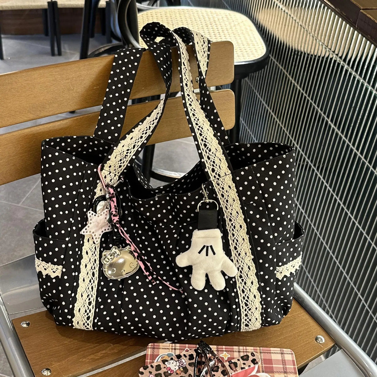 Women Niche Sweet Lace Shoulder Bag Korean Style Vintage Polka Dot Canvas Handbag Large Capacity Multi Pocket Commuting Tote Bag