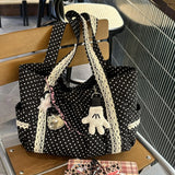 Women Niche Sweet Lace Shoulder Bag Korean Style Vintage Polka Dot Canvas Handbag Large Capacity Multi Pocket Commuting Tote Bag