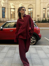 Bornladies Cotton Casual Pants Sets Women's Solid Color Cozy Lapel Long Sleeve Shirt Summer Outfit Elastic Waist Pants Suits