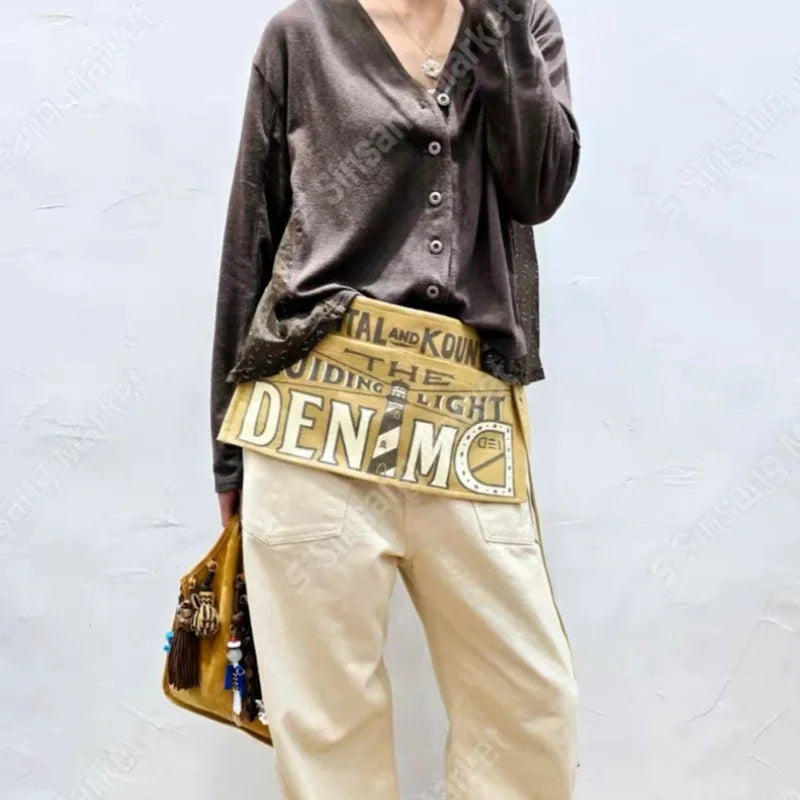 Vintage Letter Print Canvas Waist Bag for Women Multifunctional Crossbody Bag, Casual Apron Chest Bag, Streetwear Fanny Pack