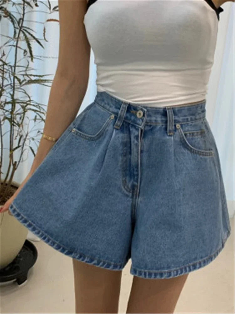High-Waist Washed Denim Wide-Leg Shorts -Made Casual Blue Jean Shorts