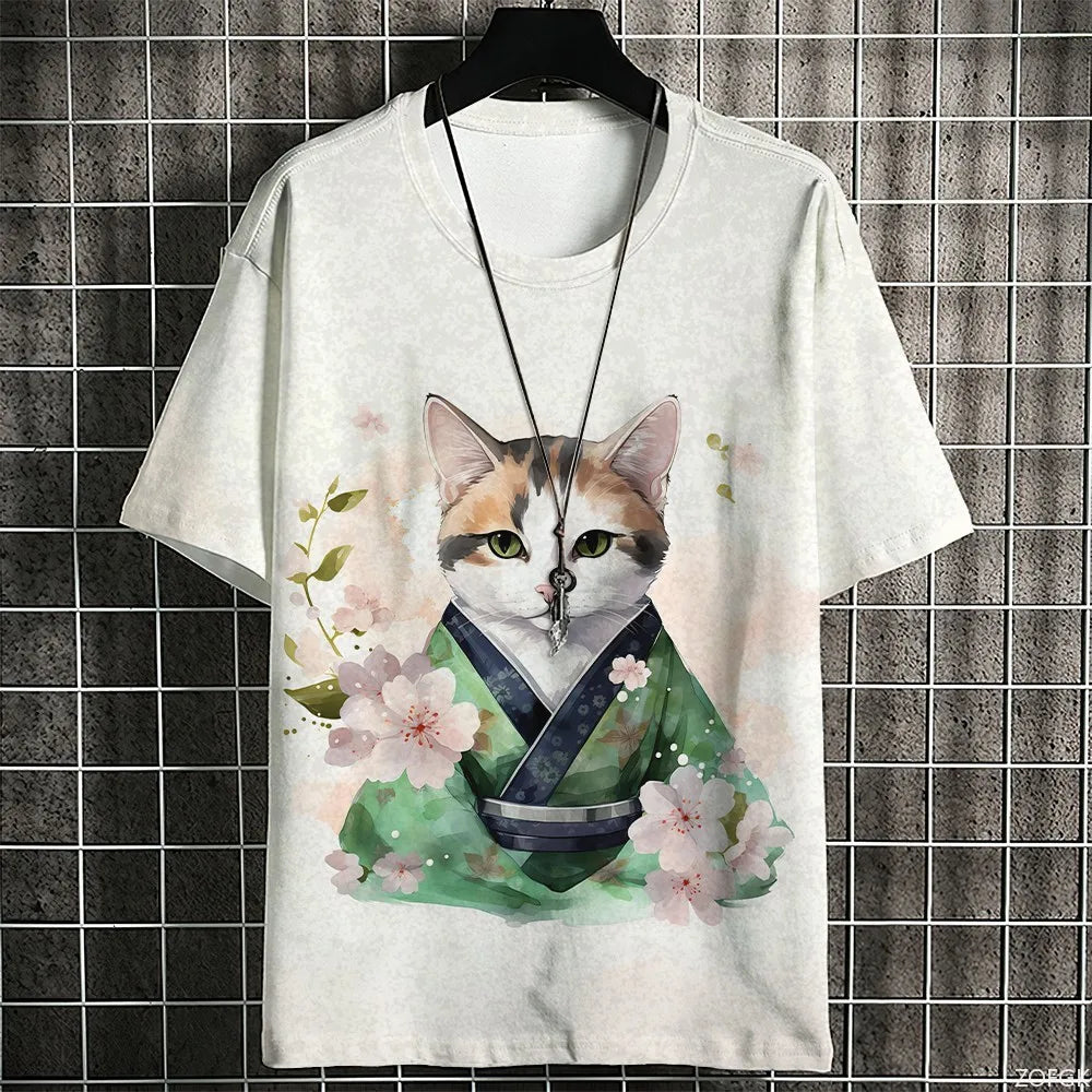 Japanese Samurai Cat Men's Anime T-Shirt – Summer 3D Print Tee