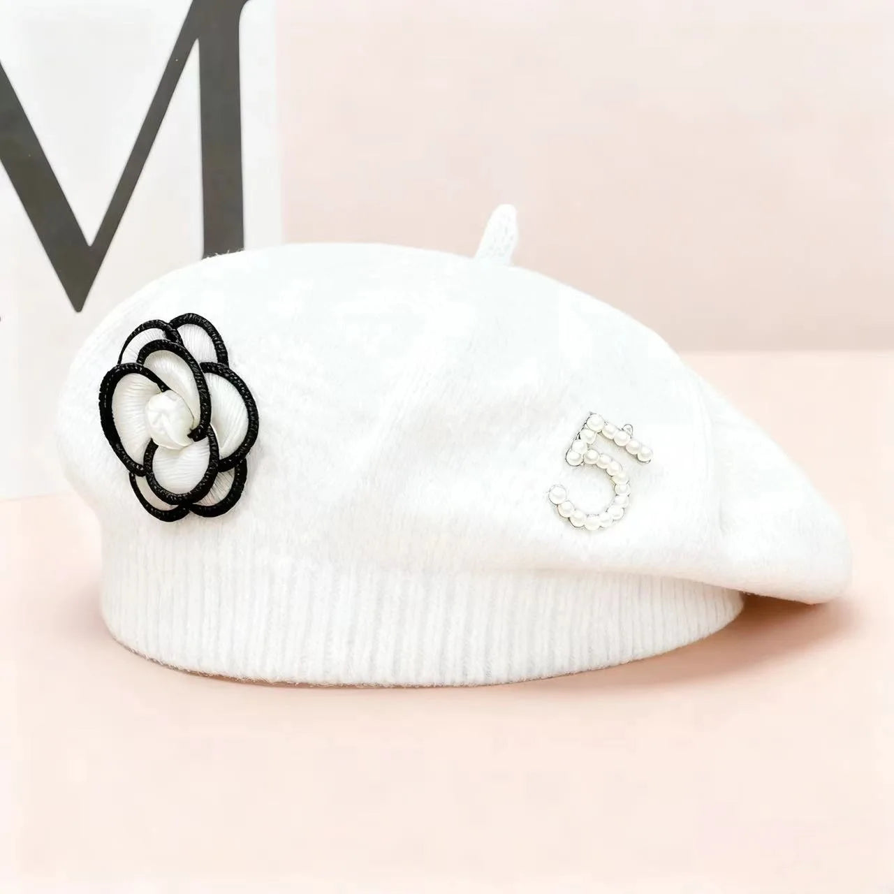 Women's Floral Pearl Knit Beret – Elegant Winter Hat