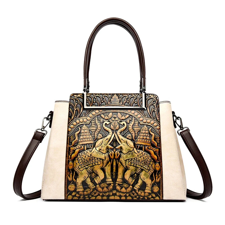 New Vintage Embossed Handmade Handbag For Women Versatile PU Leather Shoulder Bag 3 Layers Large Capacity Crossbody Bags Female