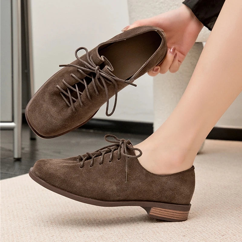AIYUQI Women's Genuine Leather Lace-Up Oxford Loafers