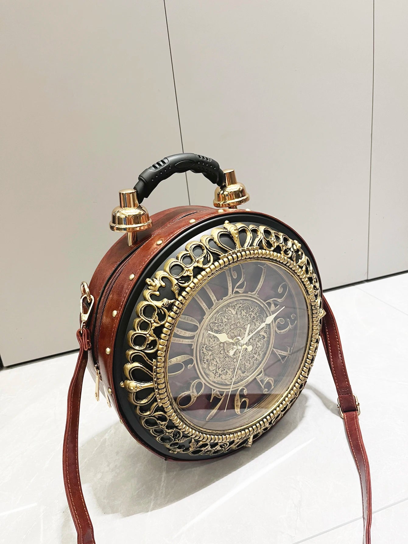 Vintage Clock-Style Circular Shoulder Bag