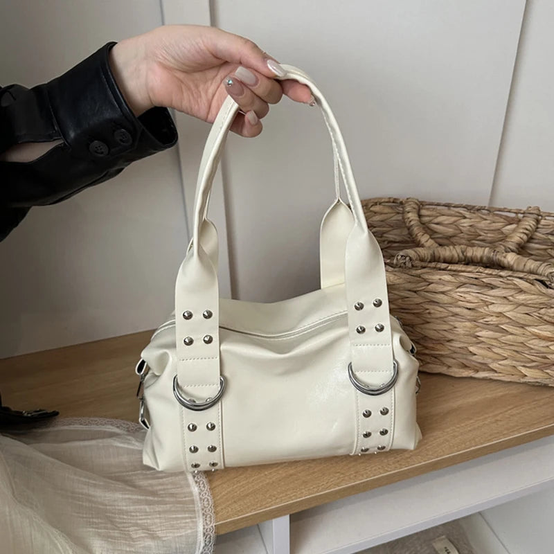 High Quality PU Leather Women's Shoulder Bag Large Capacity Y2K Underarm Bag Fashion Rivet Women Daily Boston Handbag