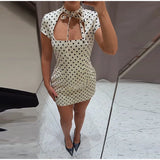 Fashion Polka Dot Mini Dress For Women Elegant Bow Tie Neck Short Sleeve Waist Slim Dress Lady 2026 Spring Summer Chic Vestidos
