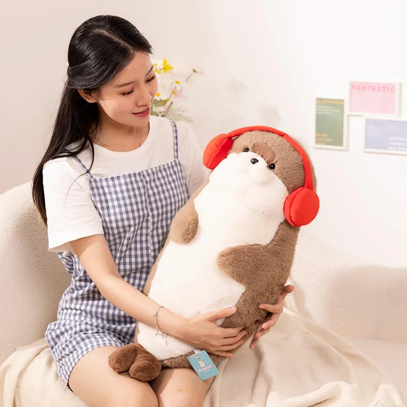 High Quality Cartoon Earphone Seal Sea Otter Plush Toy Ball Round Cushion Throw Pillow for Kids Birthday Gift School Nap Sleep