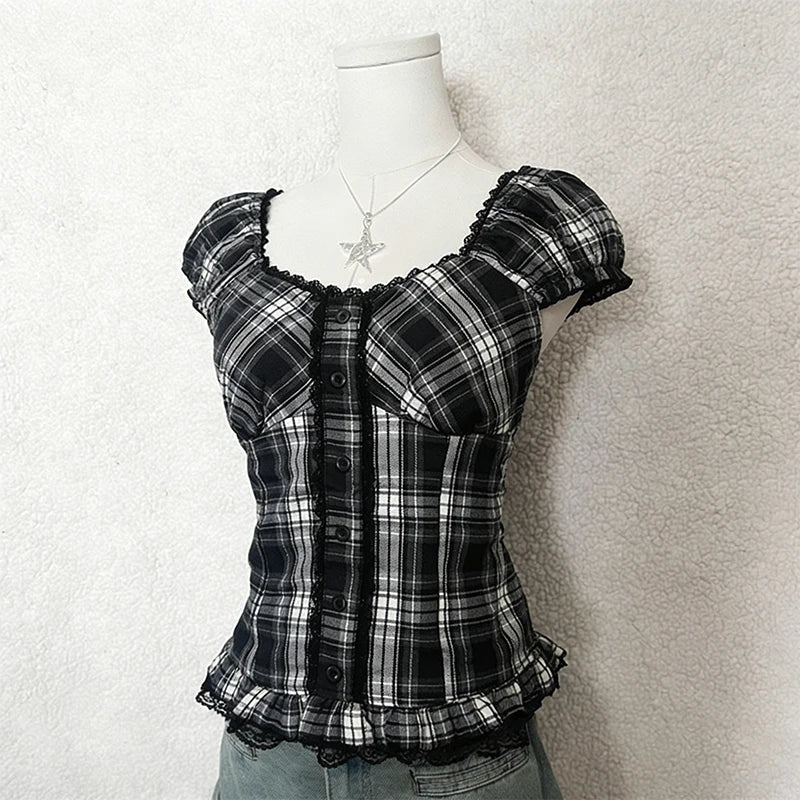 Y2K Gothic Aesthetic Top Square Neck Women's Retro Harajuku Fashion Casual Fairy Style Sweet and Cute Emotional Girl