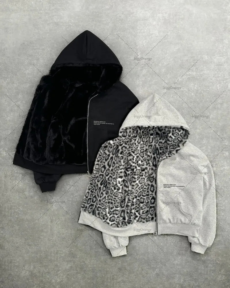 Leopard Print Two Sides Retro Fashion Wearing Loose Zipper Hoodie Men High Street Trend Punk Casual Oversized Sweatshirts Women