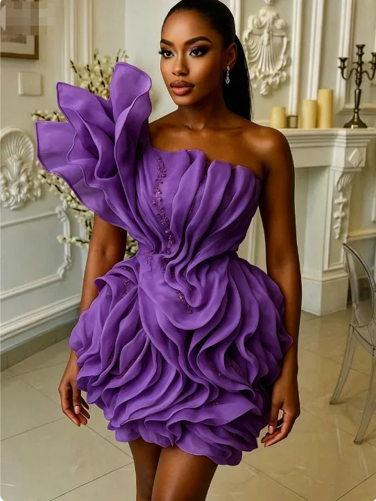 Asymmetric Ruffle Mini Dress | One-Shoulder Floral Gown