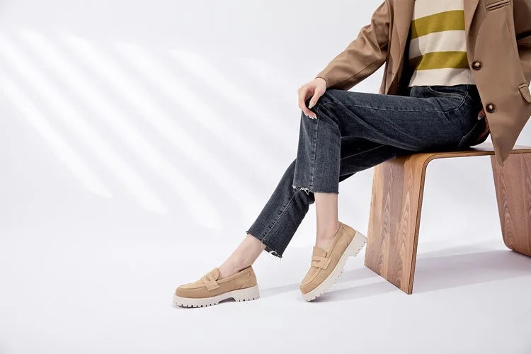 AIYUQI Women's Suede Square-Heel Loafers | British Style