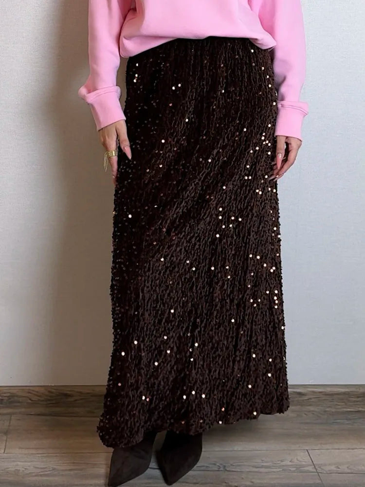 High Waisted Sequin Maxi Skirt Women Elegant Shiny Straight Skirts With Slit Summer Spring Black Long Sequin Skirt For Women