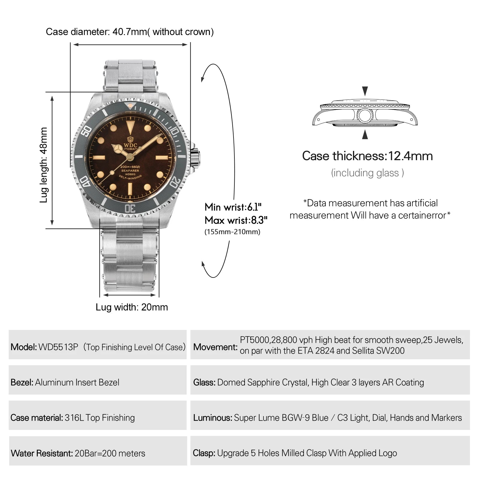 Watchdives WD5513P V3 PT5000 Vintage Sub Dive Watch Sapphire Automatic Mechanical Watches 20Bar Waterproof Stainless Steel