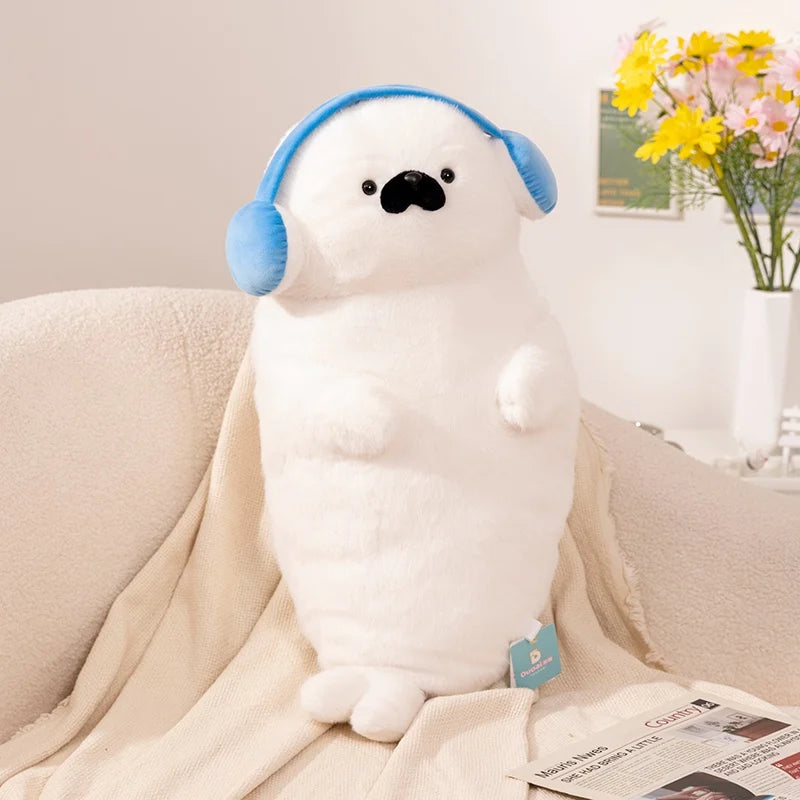 High Quality Cartoon Earphone Seal Sea Otter Plush Toy Ball Round Cushion Throw Pillow for Kids Birthday Gift School Nap Sleep