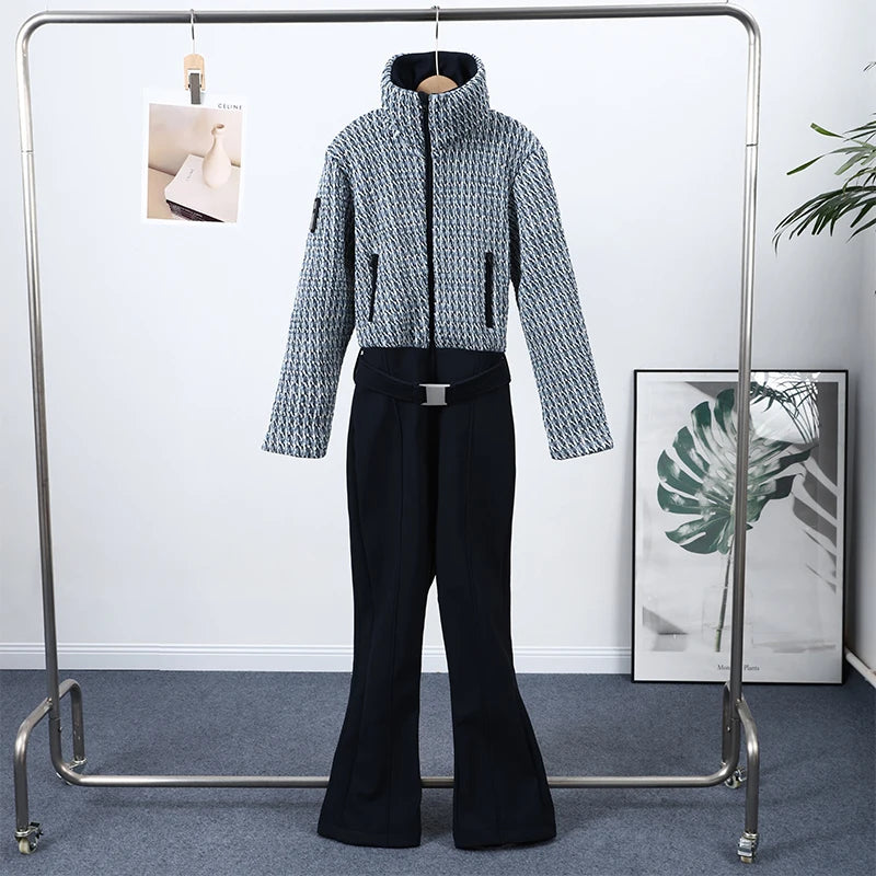 Elegant Geometric Print Ski Jumpsuit - High-Waist Winter Romper