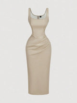 Women's Elegant Burgundy Sleeveless Fitted PU Dress