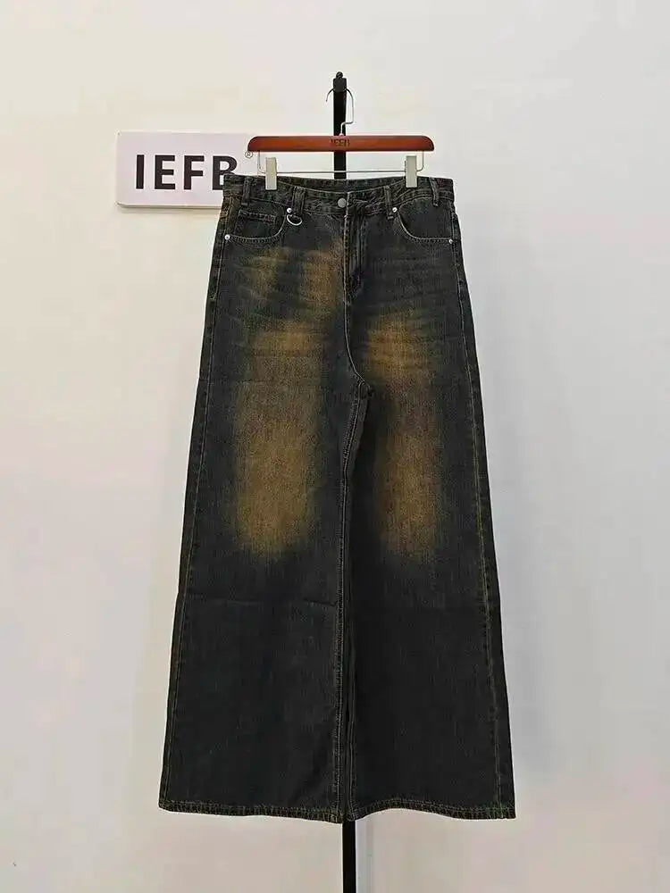 Men's Washed Blue Loose Straight-Leg Jeans