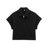 TFMLN Fashion Set For Women Summer 2025 New Slim Lapel Zipper Short Sleeve Coat Top Wide Leg Pants Two Piece Set Leisure Black