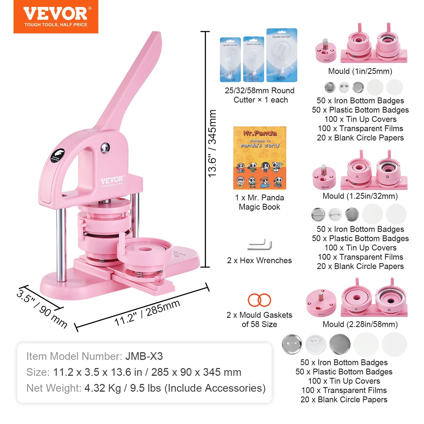 SucceBuy 3-IN-1 Button Maker Button Maker Machine with Panda Magic Book  Ergonomic Arc Handle Punch Press Kit