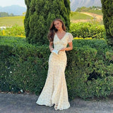 Flutter Sleeves Slim Long Dress Women Casual Pleated Deep V-neck Floral Print High Waist Dresses 2026 Lady Summer Holiday Wear