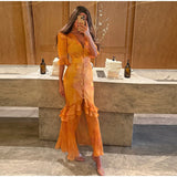 Elegant Floral Printed Woman Summer Dress V-neck Puff Sleeve Split Maxi Dresses For Women Fashion 2026 Women's Casual Gown New