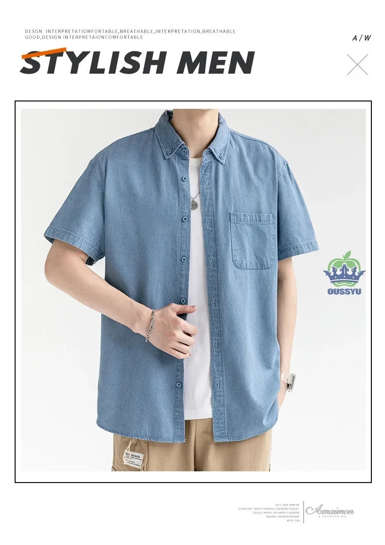 Men's Denim Shirt Long Sleeve Casual Outerwear Youth 2026 Fashion Streetwear Light Blue Button Up Top with Pockets Jeans Shirt