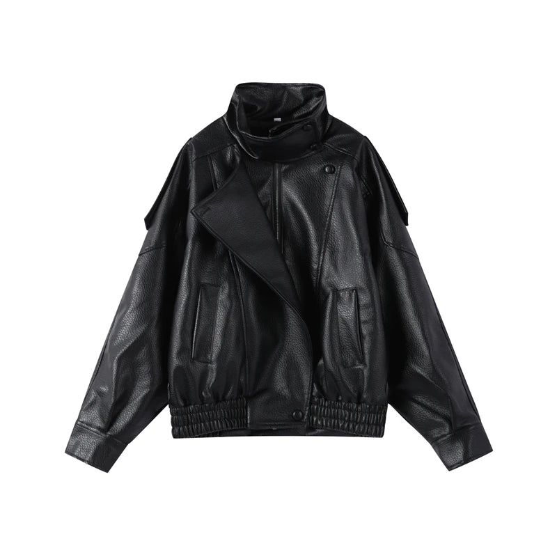 2026 Autumn Women's Faux Leather Jacket Brown Black Long Sleeve Stand Collar Thick Loose Lady Coat Fashion Motorcycle Streetwear
